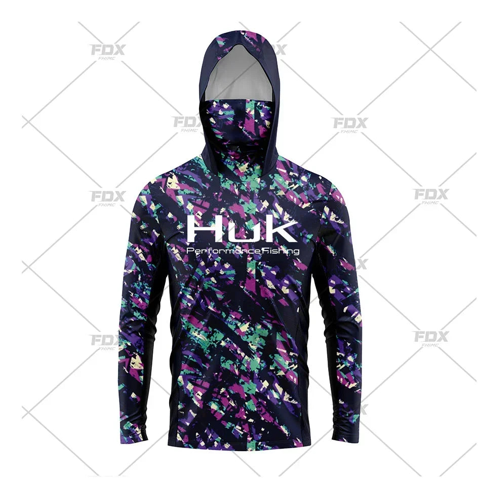 HUK Hood Fishing Shirt Mask Long Sleeve Clothing T Shirt ProtectionApparel UPF 50+ Camisa Fishing T Shirt Pesca Equipamentos