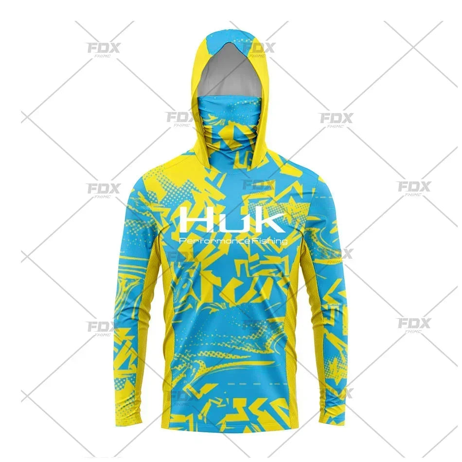 HUK Hood Fishing Shirt Mask Long Sleeve Clothing T Shirt ProtectionApparel UPF 50+ Camisa Fishing T Shirt Pesca Equipamentos