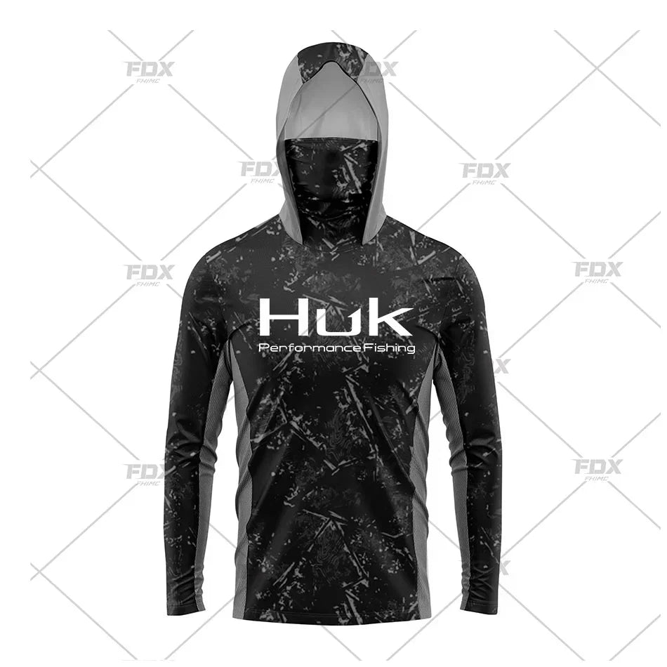 HUK Hood Fishing Shirt Mask Long Sleeve Clothing T Shirt ProtectionApparel UPF 50+ Camisa Fishing T Shirt Pesca Equipamentos