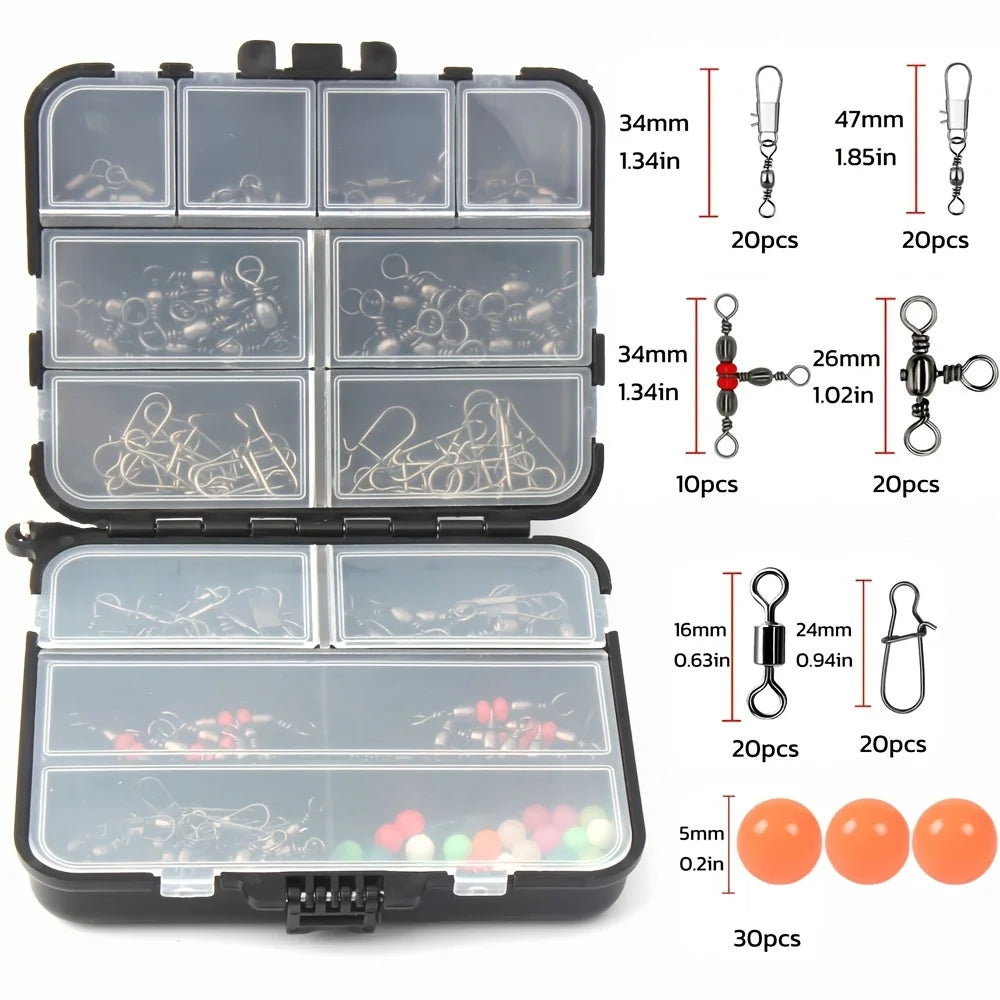 140 piece fishing gear kit, stainless steel swivel and float equipped snap button, durable black box suitable for anglers