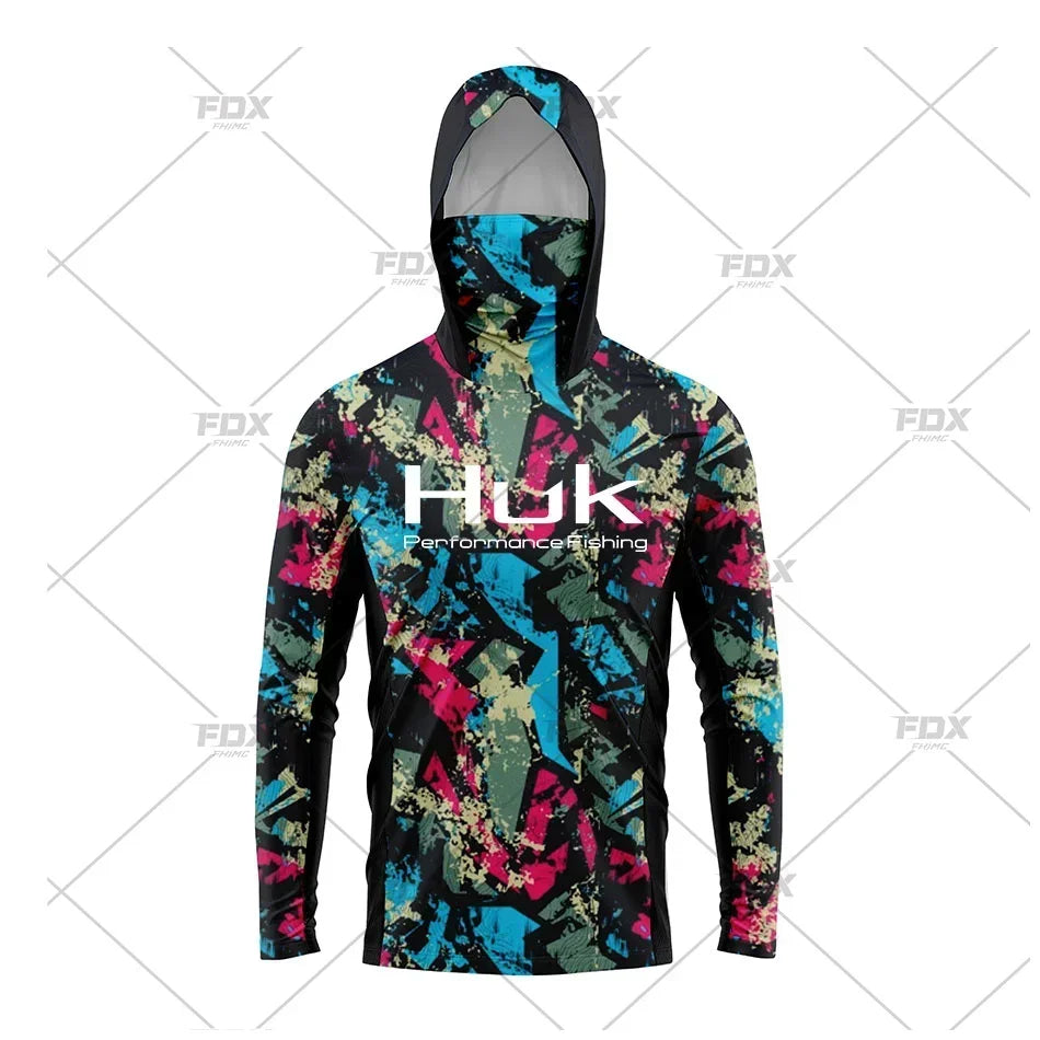 HUK Hood Fishing Shirt Mask Long Sleeve Clothing T Shirt ProtectionApparel UPF 50+ Camisa Fishing T Shirt Pesca Equipamentos