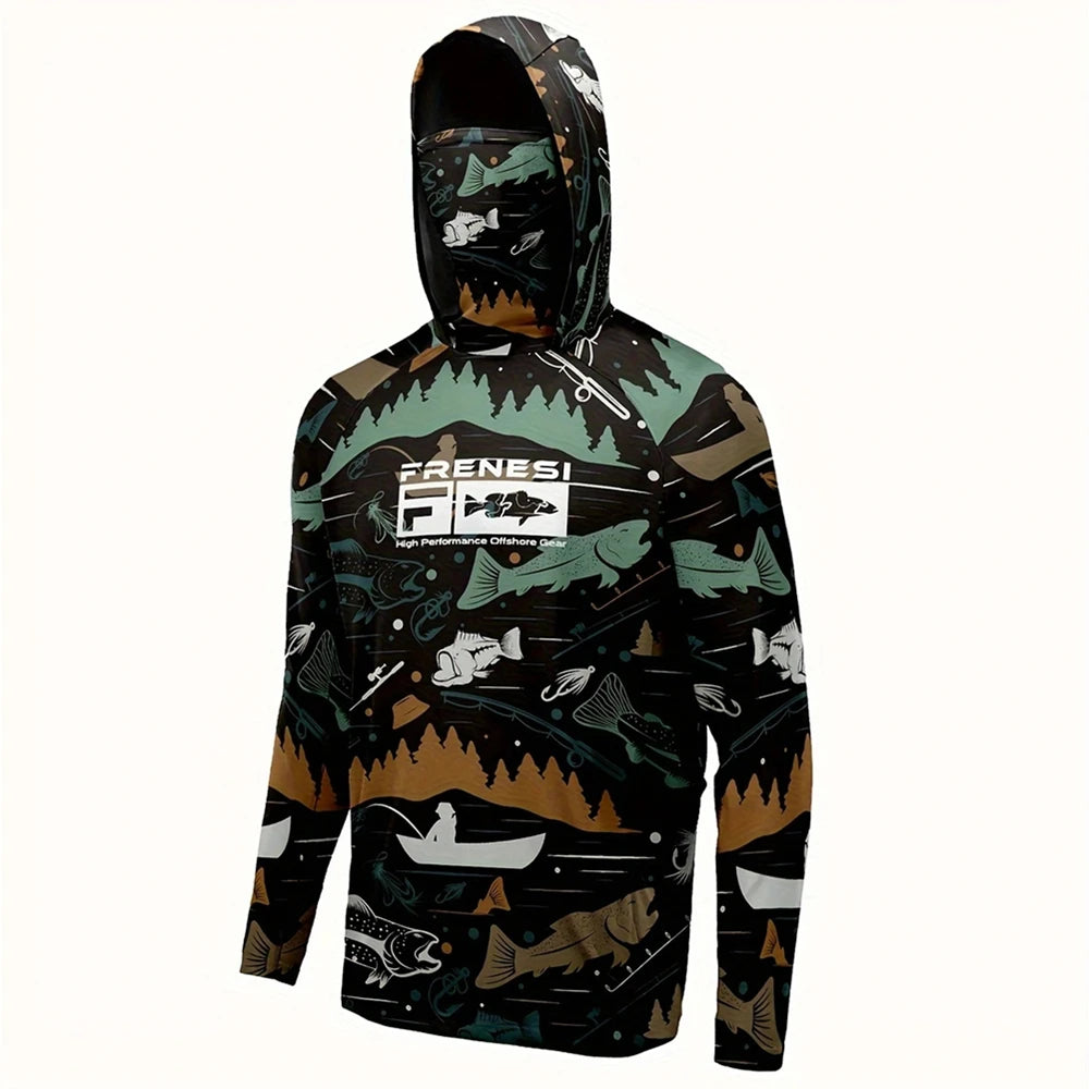 Fishing Shirts Men Sun Protection Hoodie Mask All-in-one Fishing Clothing Ropa Pesca Hunting Camping Angling T-shirt Upf 50+