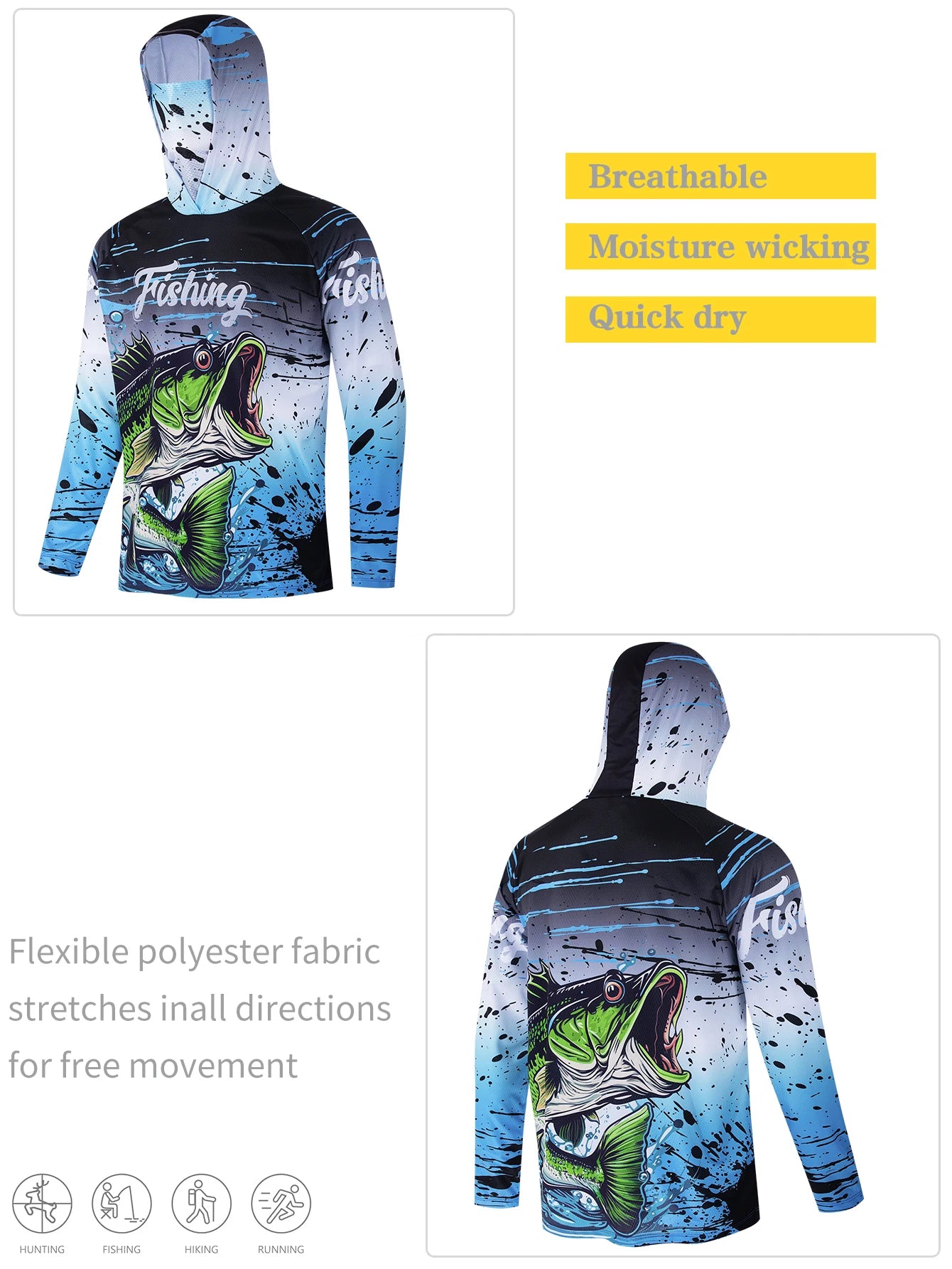 Fishing Shirt Hooded Men Fishing Clothes Outdoor Summer Mask Hoodie Sun Uv Protection Performance Jersey