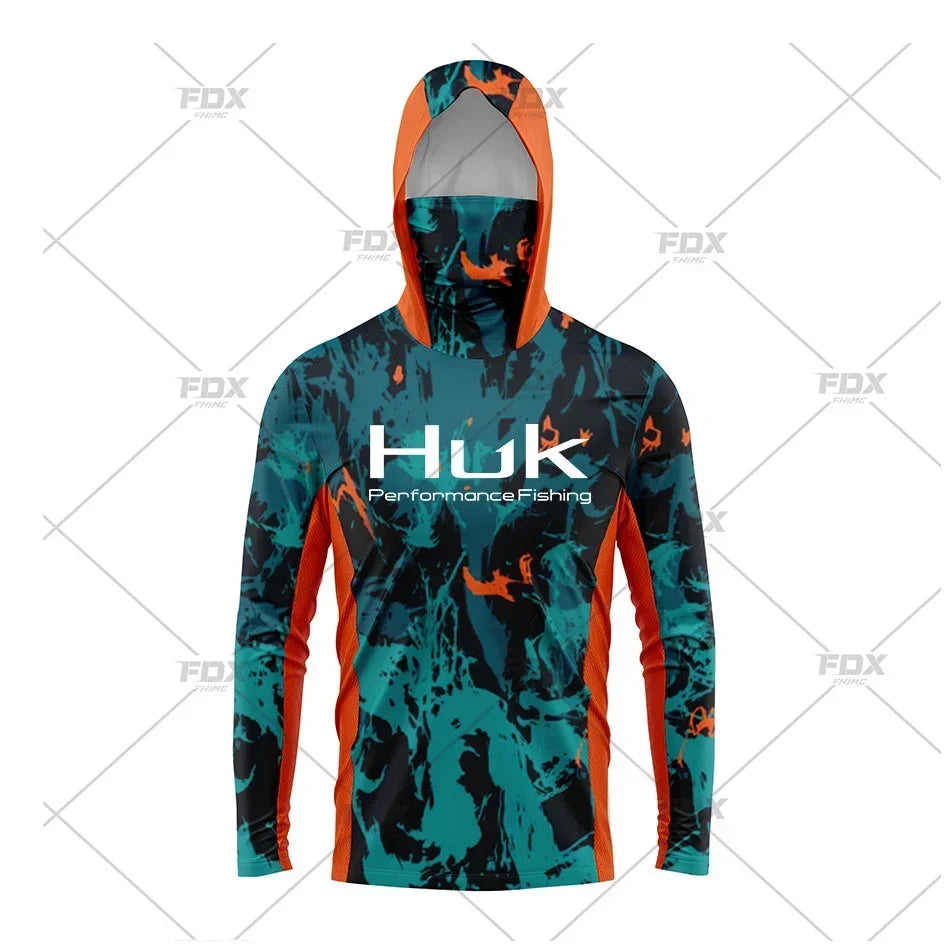 HUK Hood Fishing Shirt Mask Long Sleeve Clothing T Shirt ProtectionApparel UPF 50+ Camisa Fishing T Shirt Pesca Equipamentos