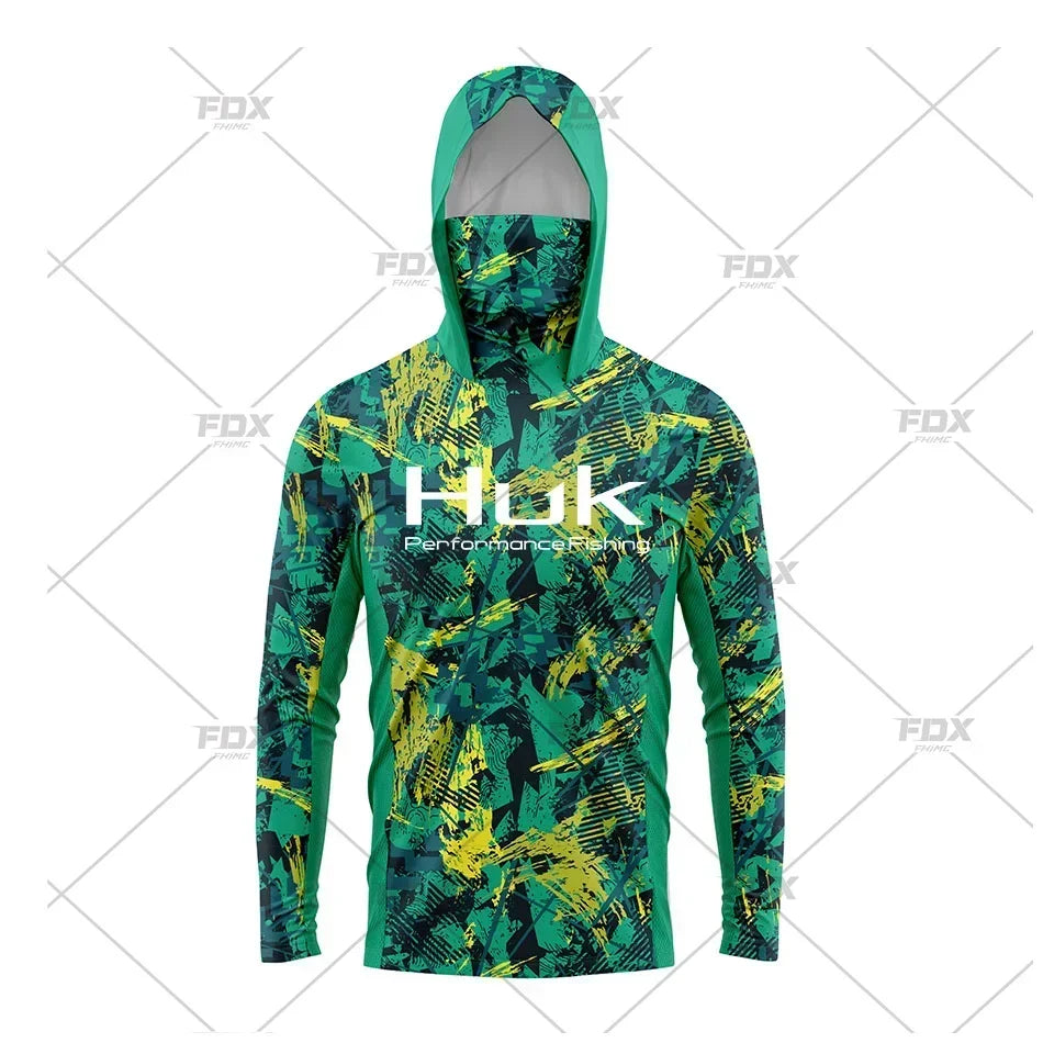HUK Hood Fishing Shirt Mask Long Sleeve Clothing T Shirt ProtectionApparel UPF 50+ Camisa Fishing T Shirt Pesca Equipamentos