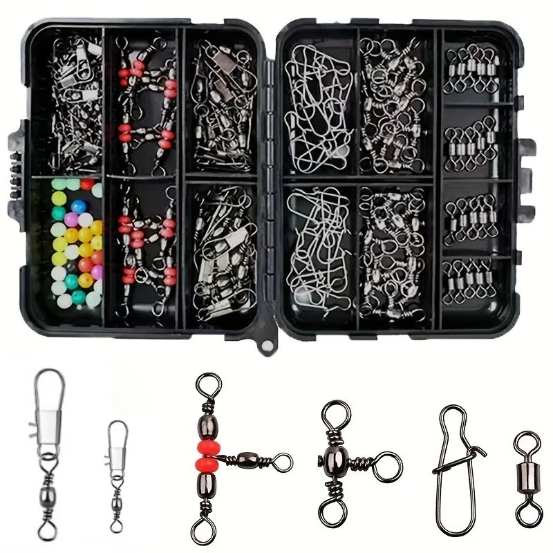 140 piece fishing gear kit, stainless steel swivel and float equipped snap button, durable black box suitable for anglers
