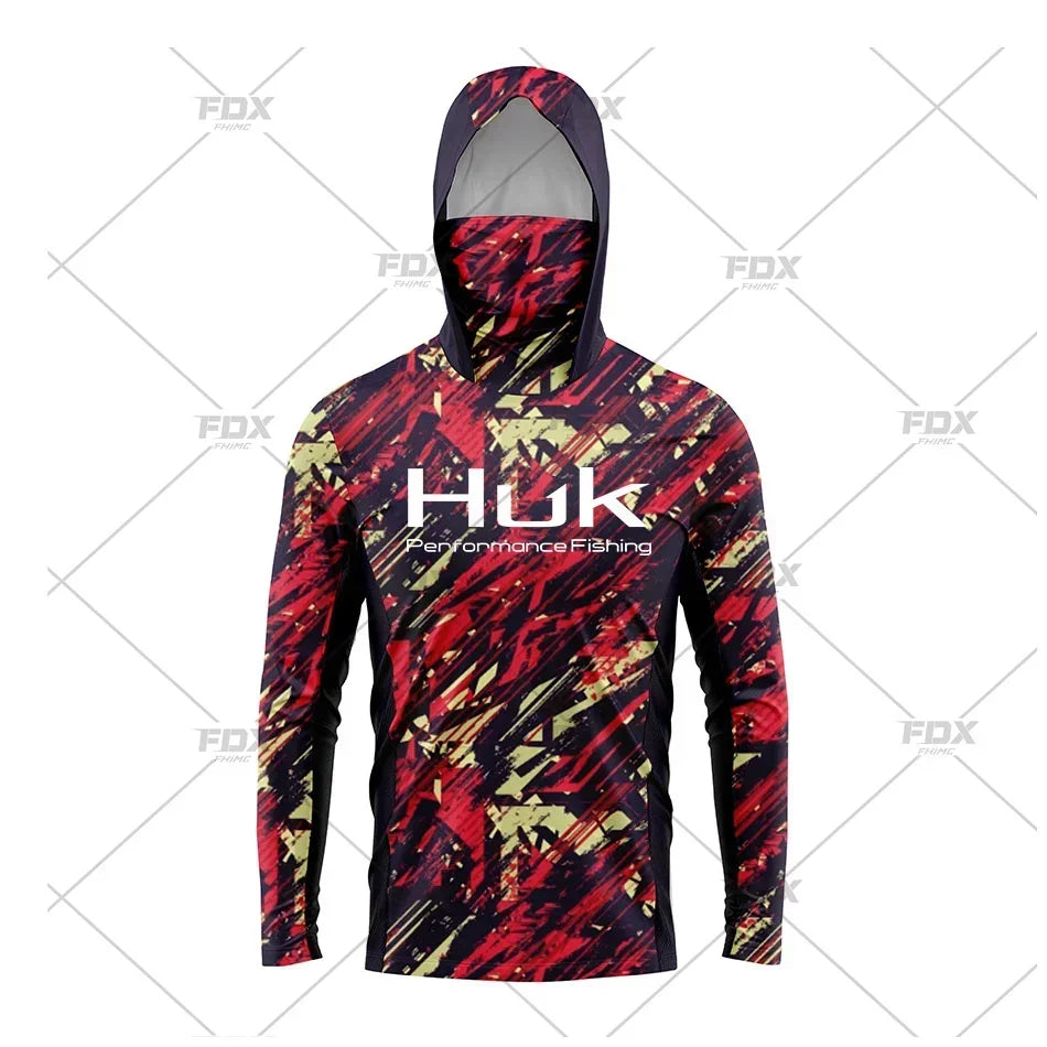 HUK Hood Fishing Shirt Mask Long Sleeve Clothing T Shirt ProtectionApparel UPF 50+ Camisa Fishing T Shirt Pesca Equipamentos