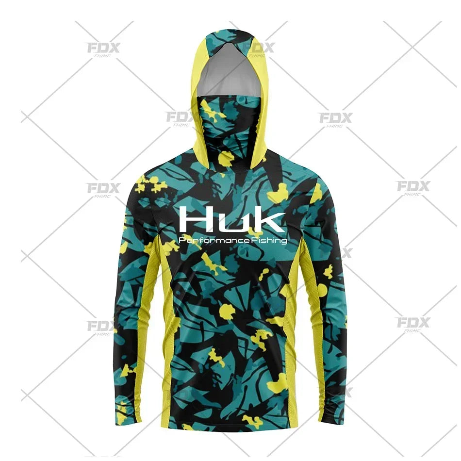 HUK Hood Fishing Shirt Mask Long Sleeve Clothing T Shirt ProtectionApparel UPF 50+ Camisa Fishing T Shirt Pesca Equipamentos