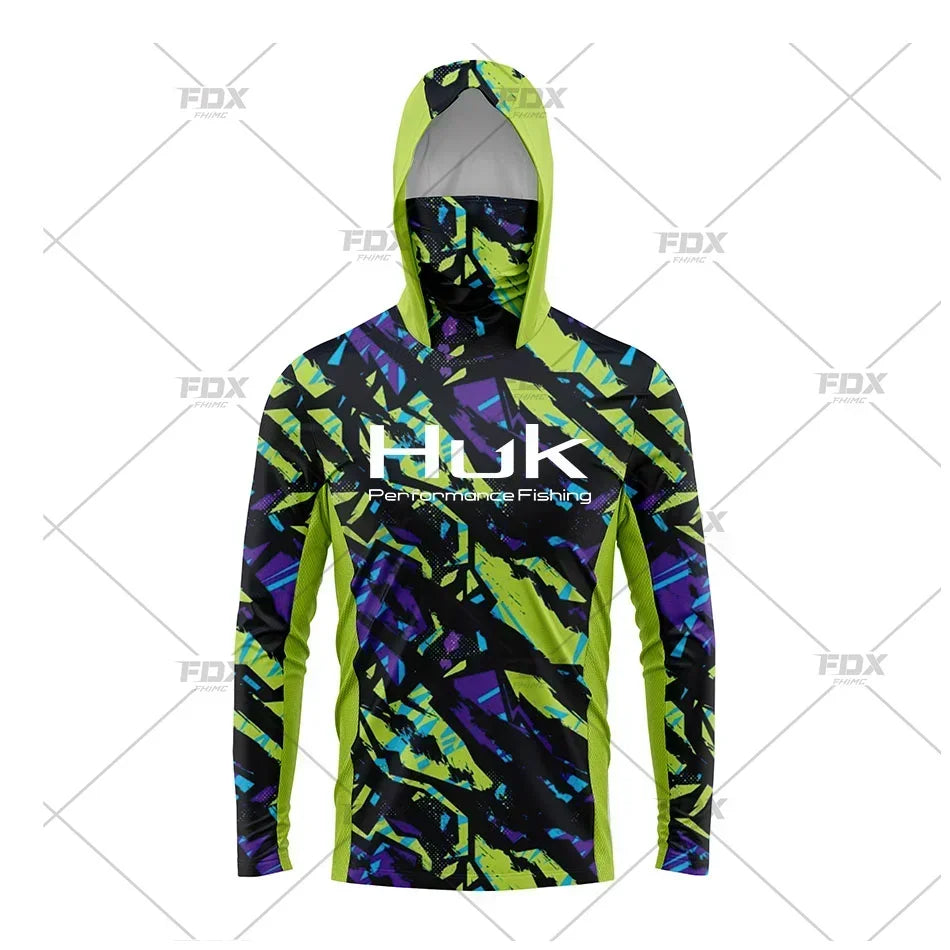 HUK Hood Fishing Shirt Mask Long Sleeve Clothing T Shirt ProtectionApparel UPF 50+ Camisa Fishing T Shirt Pesca Equipamentos
